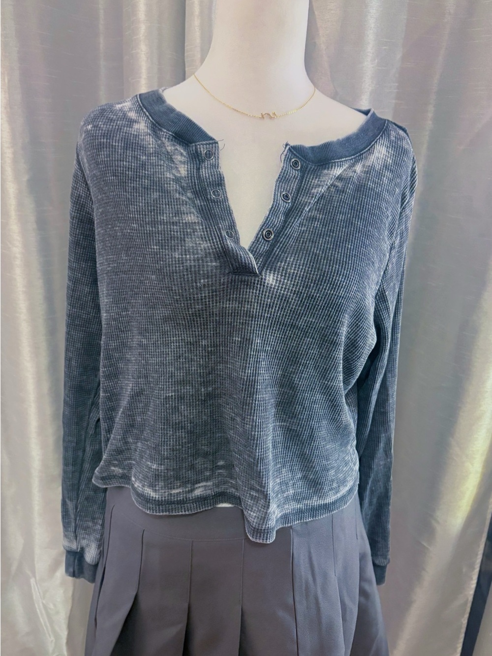 Self Esteem Washed Slate Blue Ribbed Henley Long Sleeve